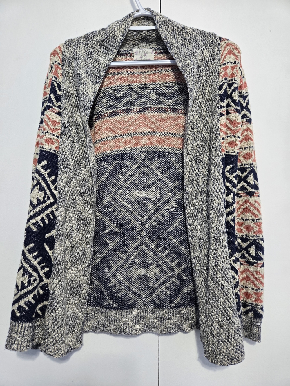 Hippie Rose Tribal Open Front Cardigan Sweater Gray Pink Navy Size Small